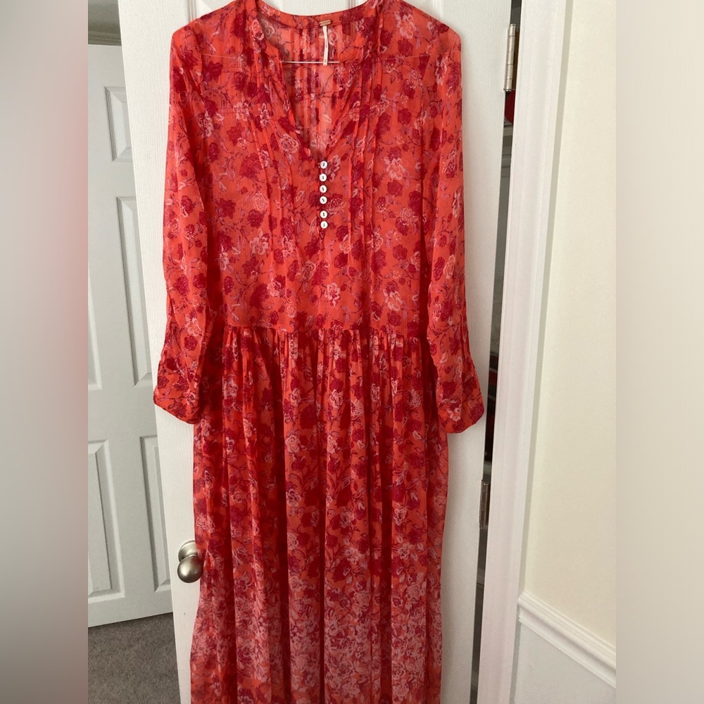 Free People Red Floral Long Sleeve Dress